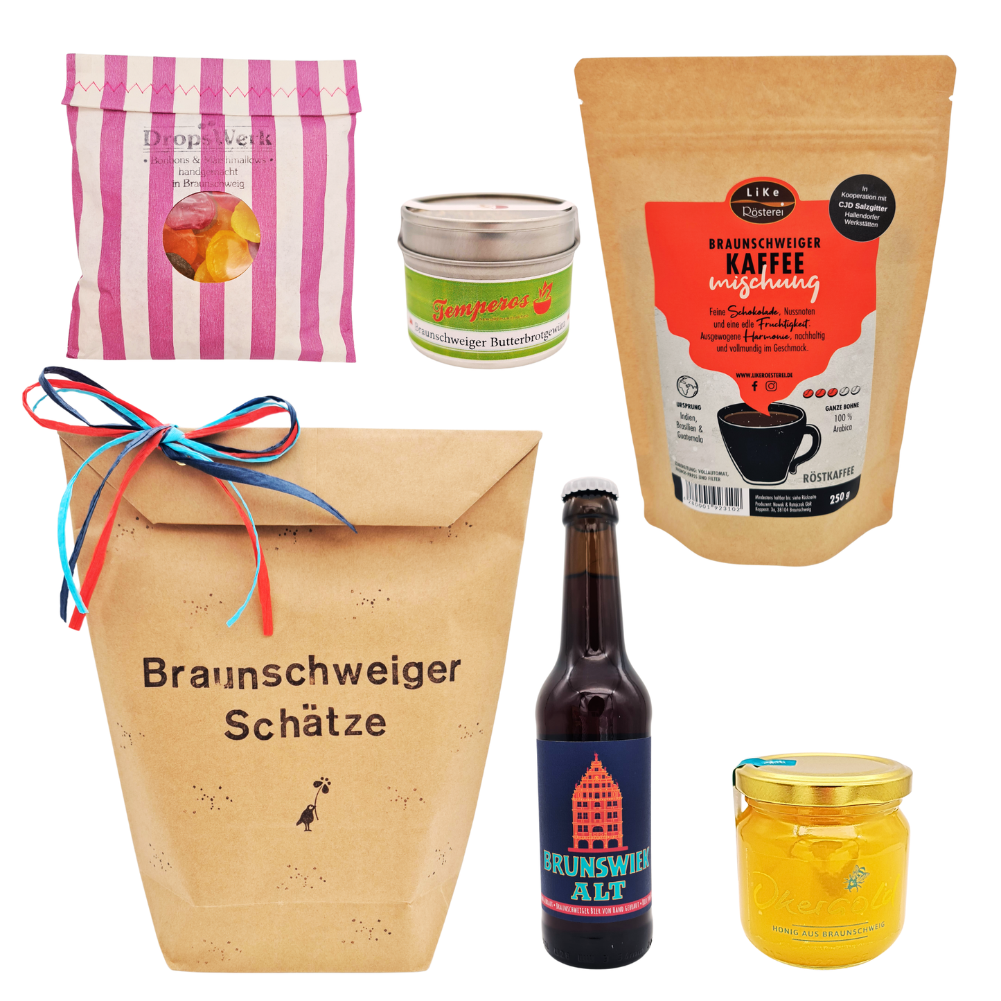 Braunschweiger Schätze Flatlay – regionale Produkte aus Braunschweig als Geschenkset
