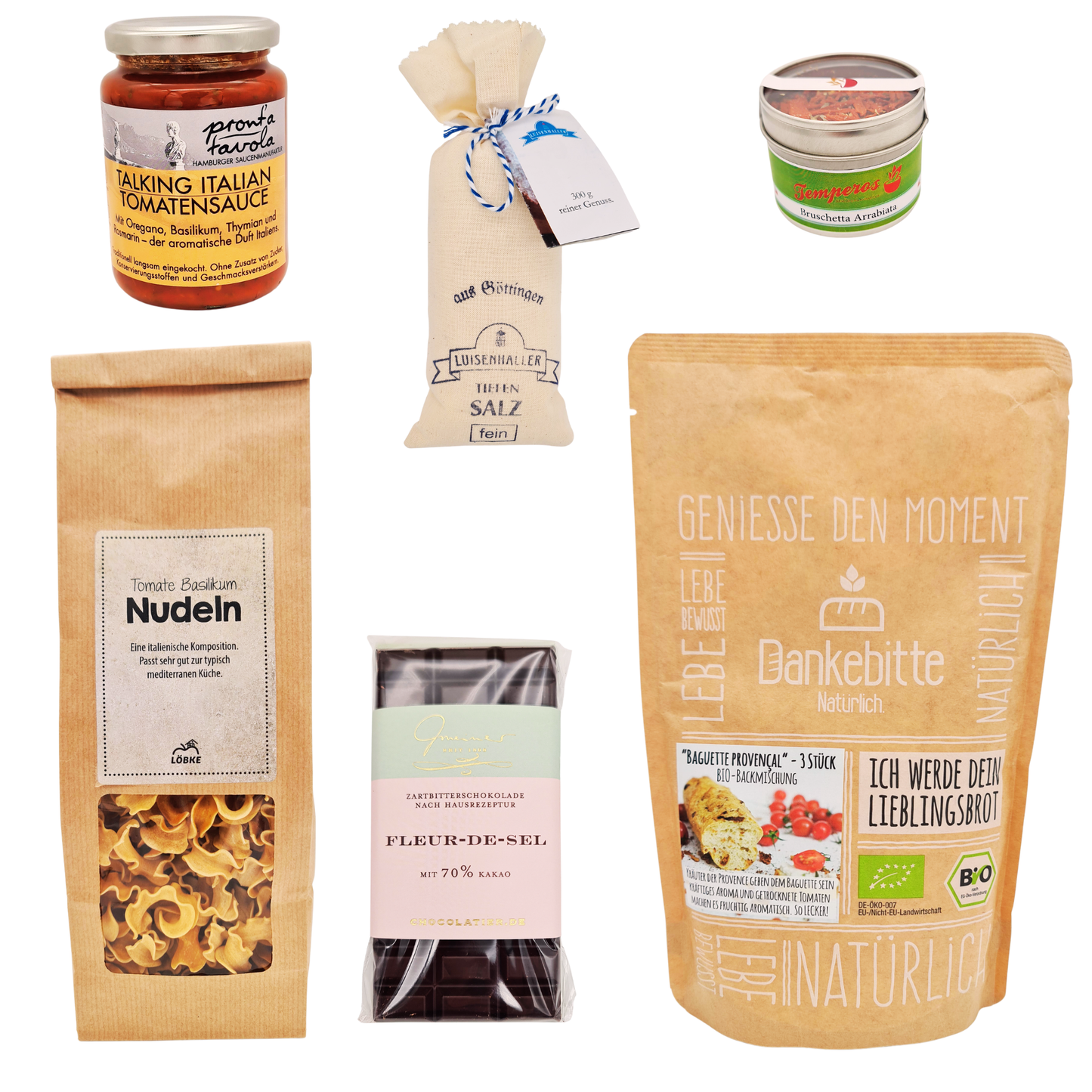 Mediterrane Genussbox Flatlay – Inhalt mit mediterranen Spezialitäten aus heimischen Manufakturen 