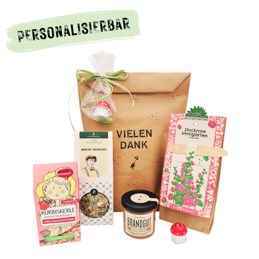 Geschenkset mit personalisierbarer und handbestempelter Geschenktüte 