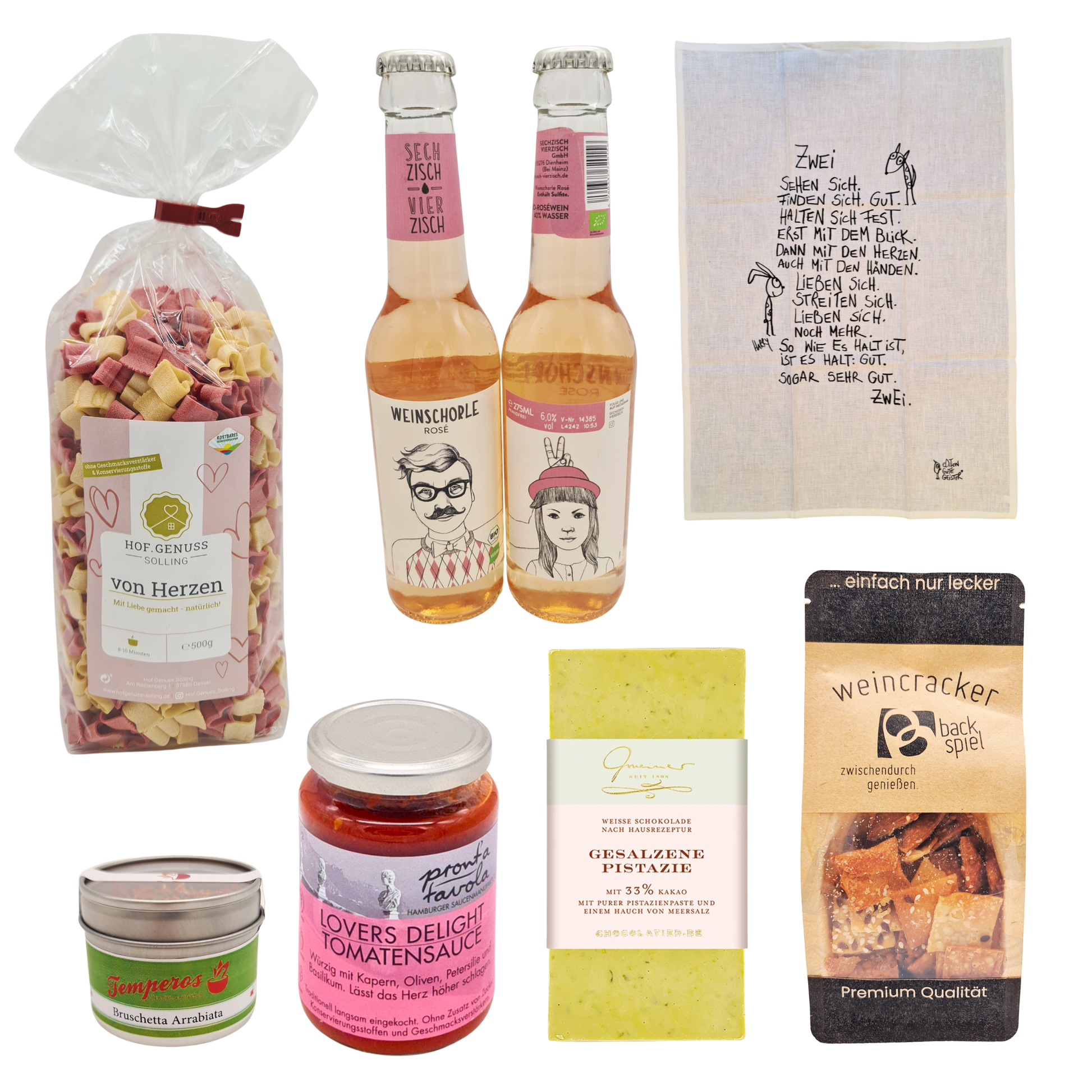 Geschenkset „Zeit zu zweit" – Flatlay mit allen Produkten 