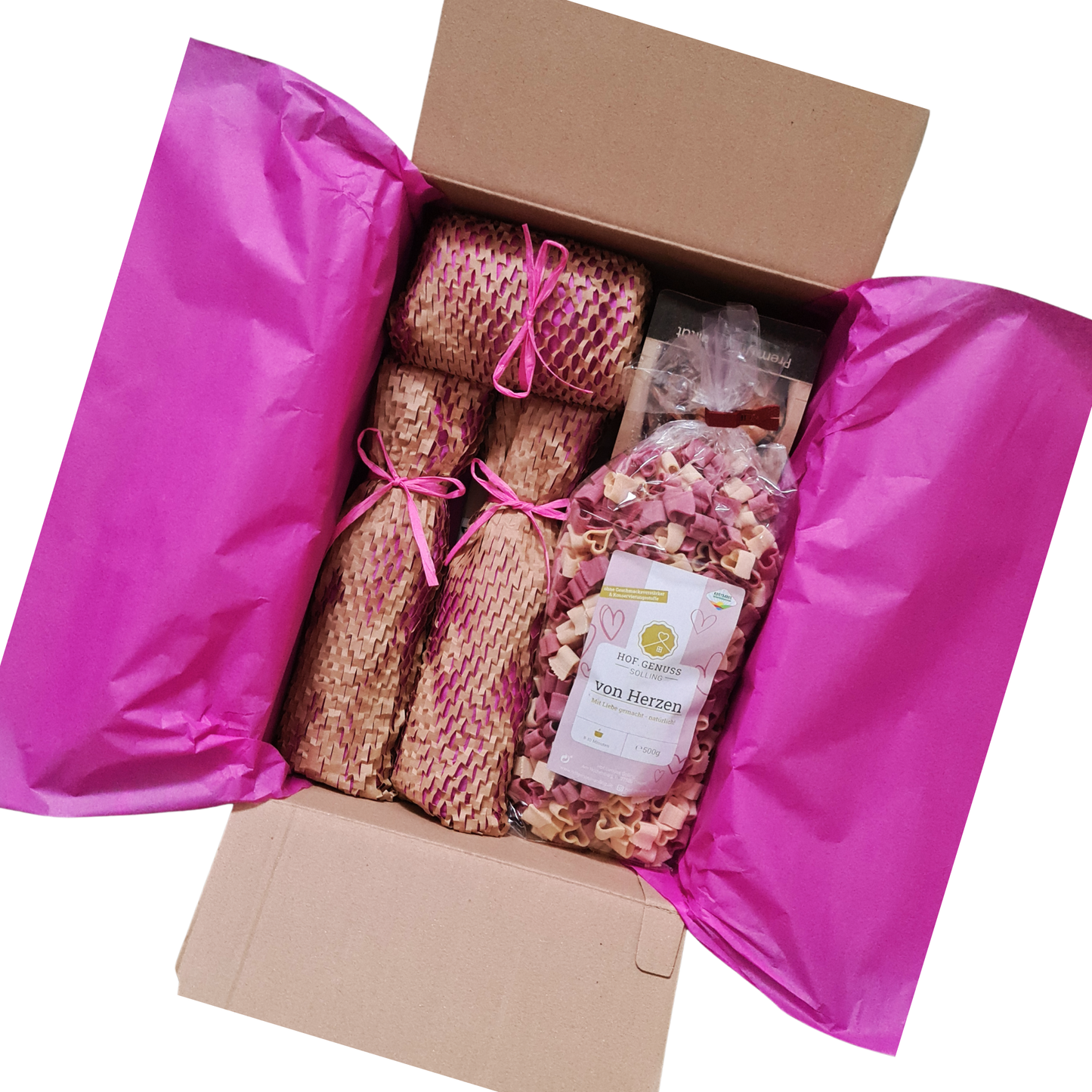Geschenkset „Zeit zu zweit" bruchsicher eingewickelt in Wabenpapier im Versandkarton 